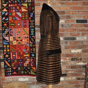 Brown Blonde Horizontal Stripe Mink Fur Full Length Long Coat Jacket, Sable Trim